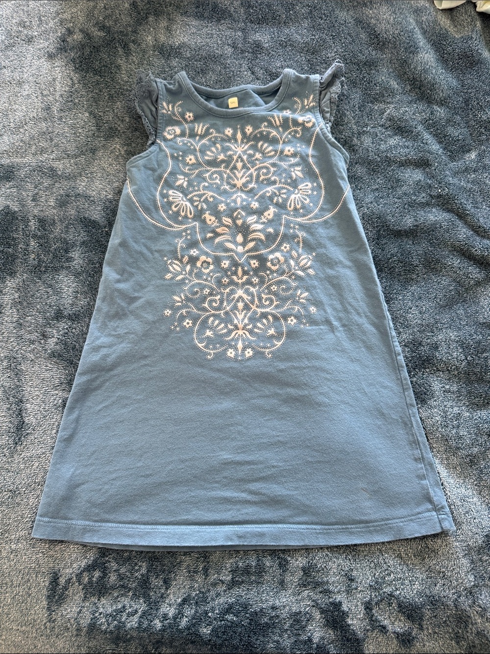 Tea Collection Blue Eyelet Ruffle Sleeves and a Silver Floral Patterned Dress